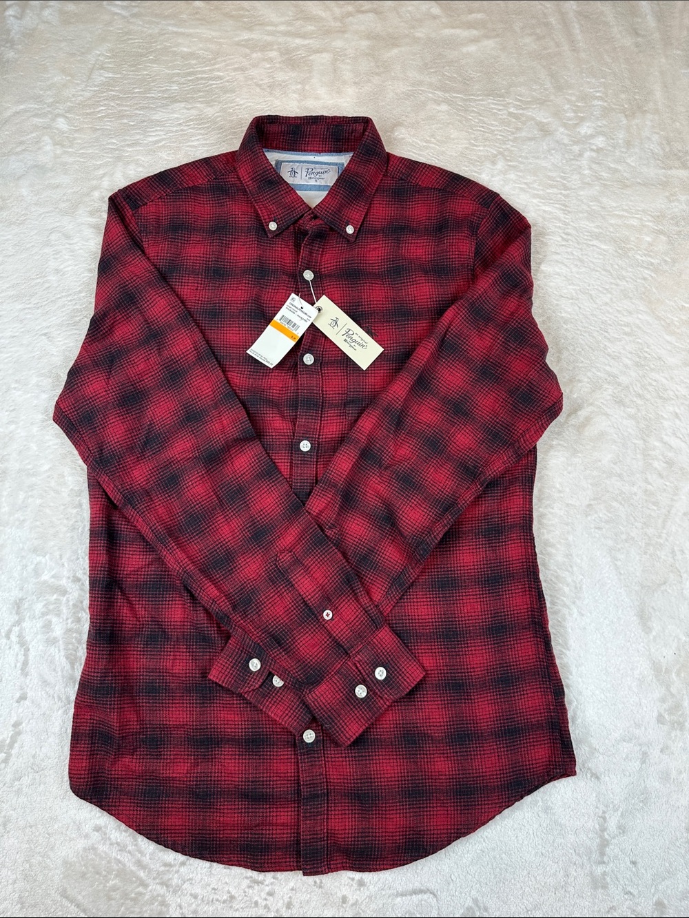 NWT Original Penguin Size S Red and Black Plaid Button-Down Shirt | Casual